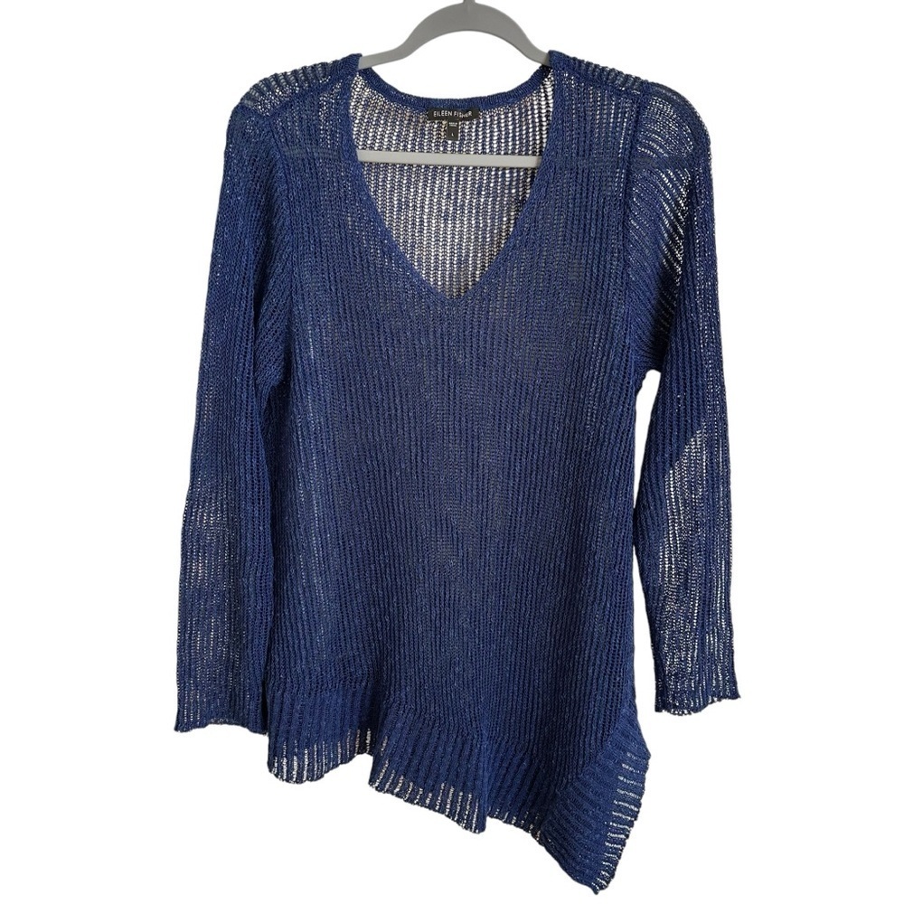 Eileen Fisher size Large Blue Linen Blend Open Weave Sweater Asymmetrical V Neck
